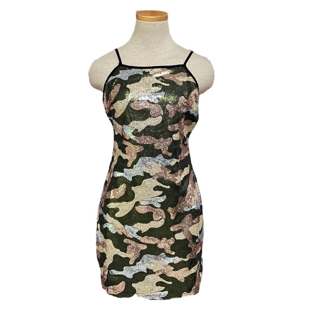 Wild Honey NWT Sequin Dress Sheath Mini Camo Green Size Large L